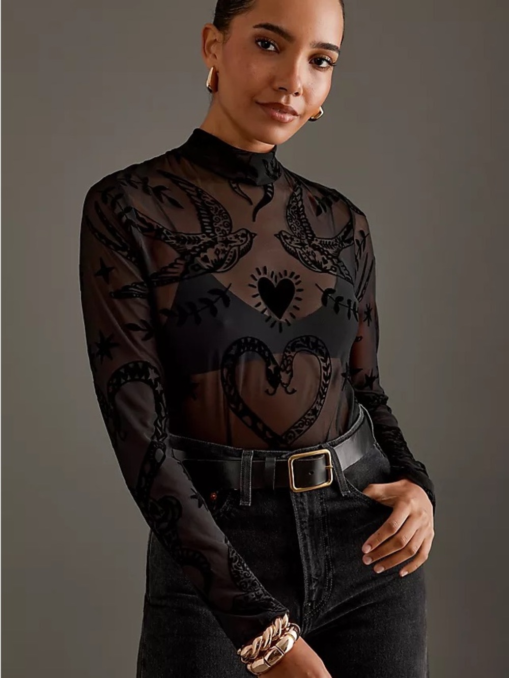 Never Fully Dressed Black Sheer Mock-Neck Bodysuit NWT